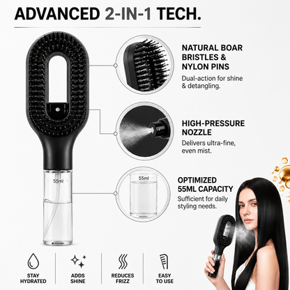 2-in-1 Mist Spray Hair Brush | Anti-Frizz Detangling Comb with 55ml Water Tank