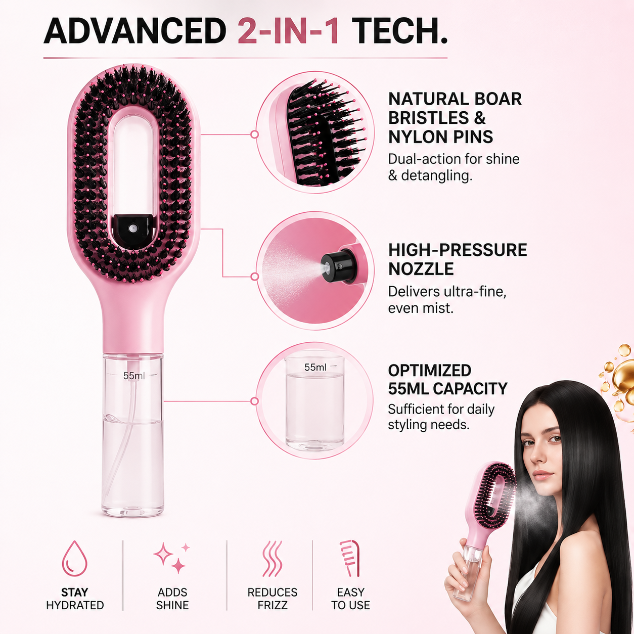 2-in-1 Mist Spray Hair Brush | Anti-Frizz Detangling Comb with 55ml Water Tank