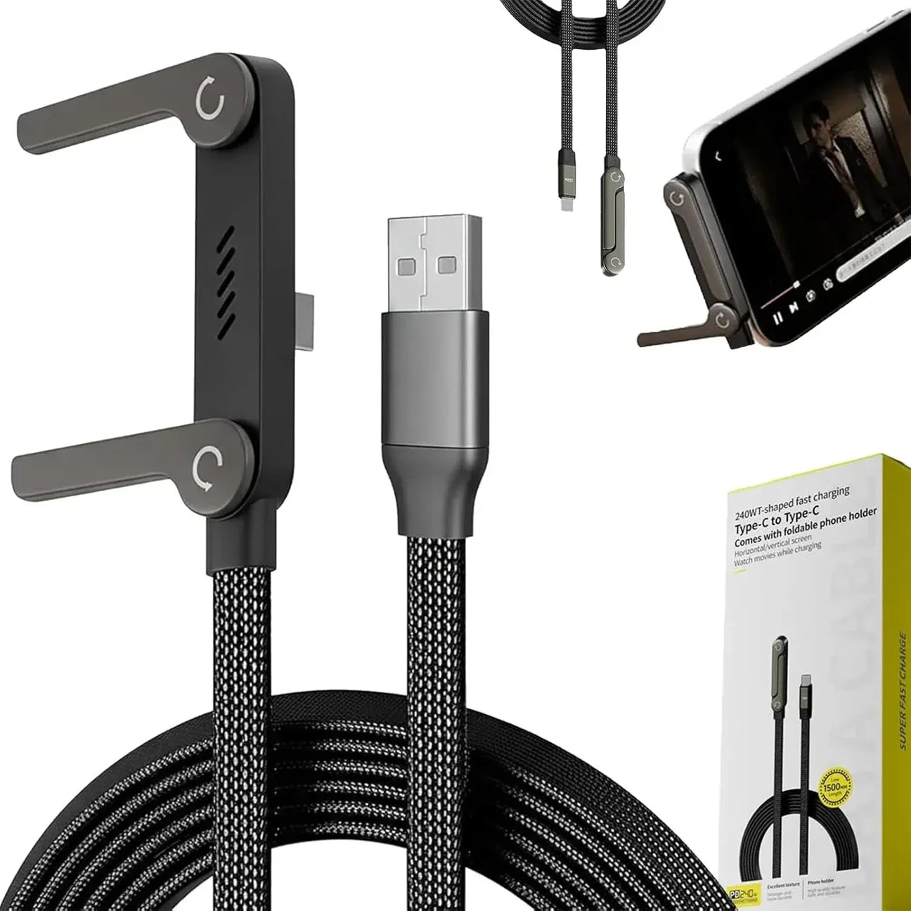 🔥Foldable Stand Weaved Data Cable 240W –USB to Type C & Type C to Type C 🔥