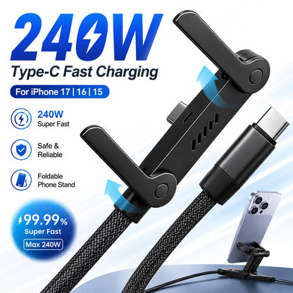 🔥Foldable Stand Weaved Data Cable 240W –USB to Type C & Type C to Type C 🔥