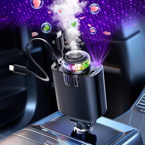 Retractable Car Charger USB C Fast Charging 120W, Car Accessories Cigarette Lighter Adapter with Stars Aromatherapy light, Car Charger Essentials Gifts for Traveler, Men, Women