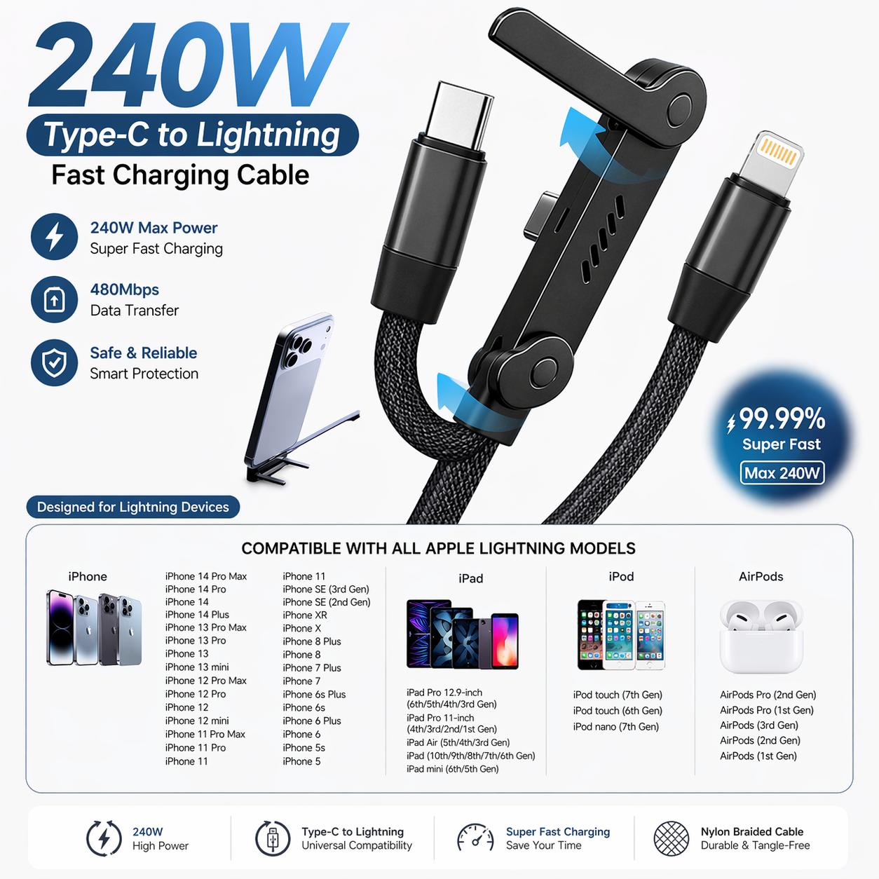 🔥Foldable Stand Weaved Data Cable 240W –USB to Type C & Type C to Type C 🔥