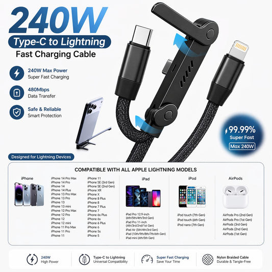 🔥Foldable Stand Weaved Data Cable 240W –USB to Type C & Type C to Type C 🔥