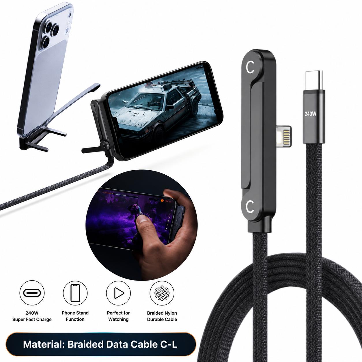 🔥Foldable Stand Weaved Data Cable 240W –USB to Type C & Type C to Type C 🔥