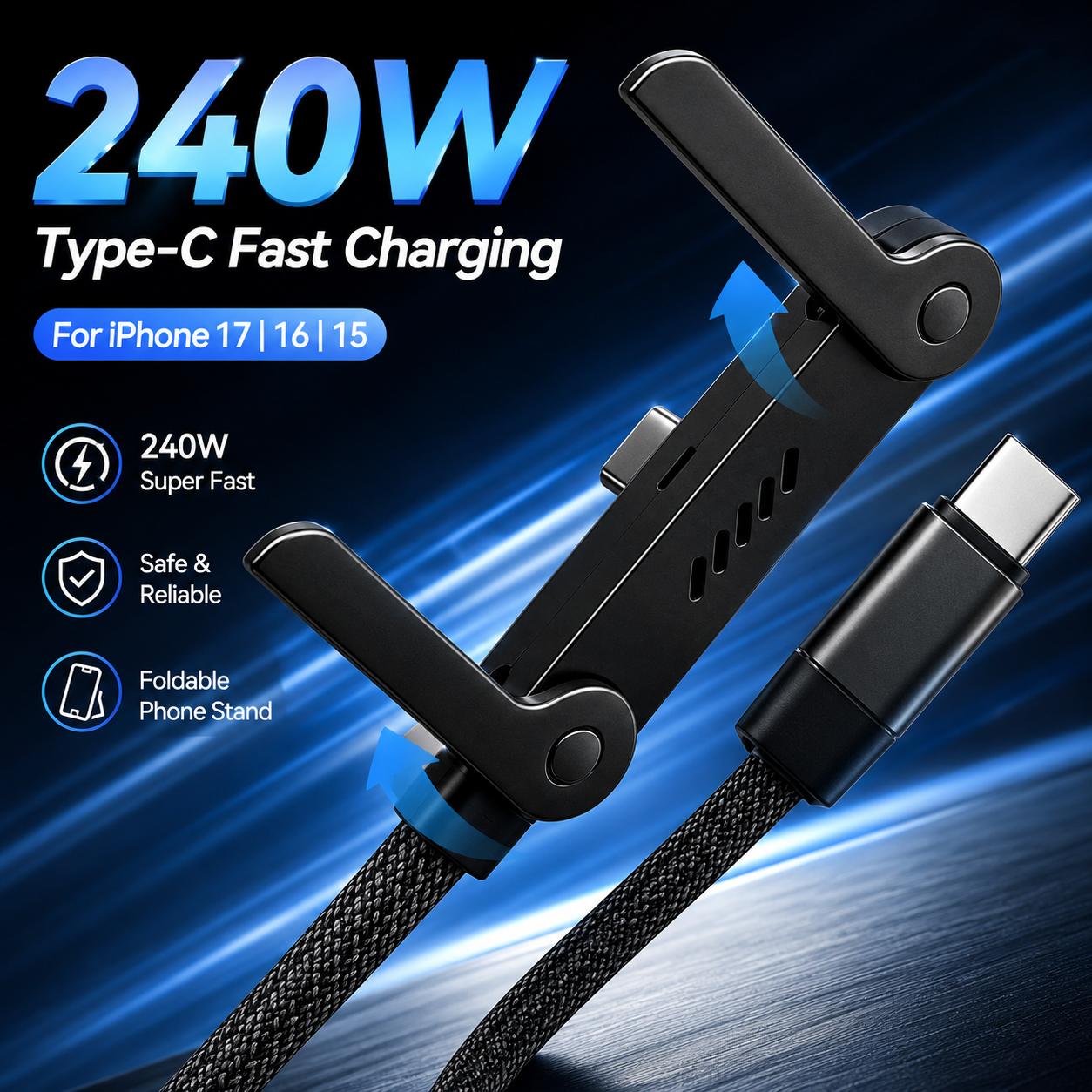🔥Foldable Stand Weaved Data Cable 240W –USB to Type C & Type C to Type C 🔥