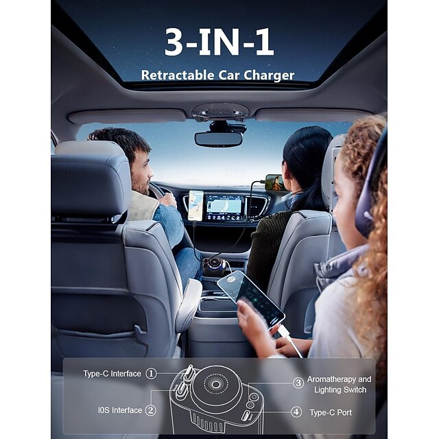 Retractable Car Charger USB C Fast Charging 120W, Car Accessories Cigarette Lighter Adapter with Stars Aromatherapy light, Car Charger Essentials Gifts for Traveler, Men, Women